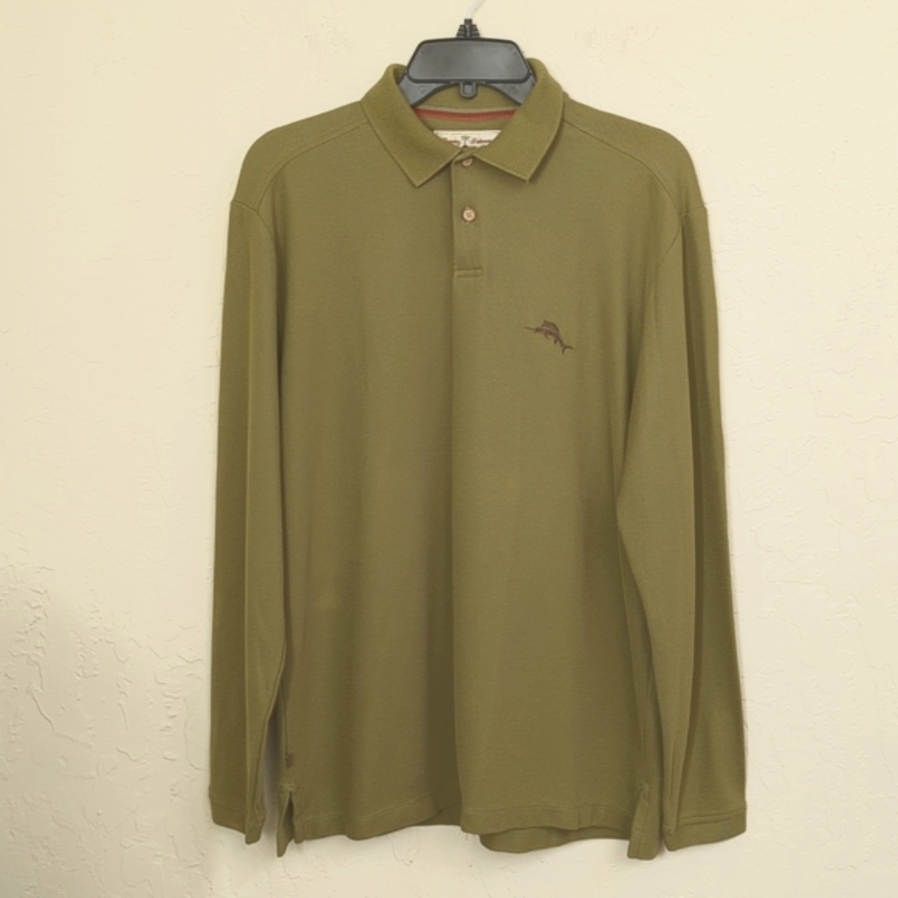 💎3/$20🌟 Tommy Bahama Olive Long Sleeve Pique Polo Shirt Medium - Flawed Gem